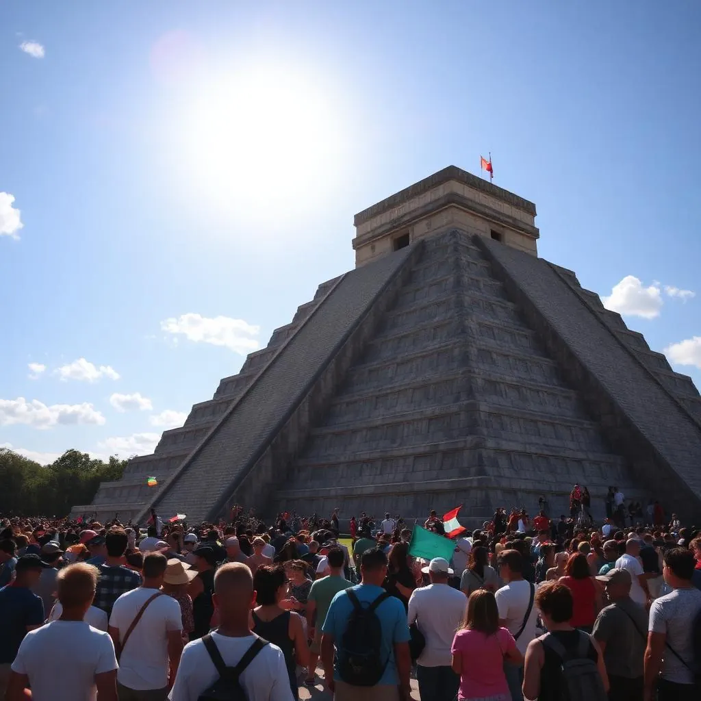 Multitud densa de turistas al pie de la pirámide de El Castillo en un día de crucero concurrido en Chichén Itzá