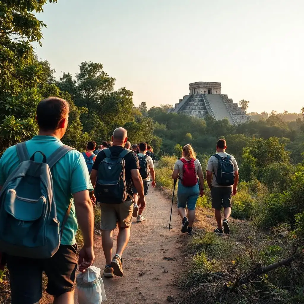 Pequeño grupo de tour privado con guía local llegando a Chichén Itzá antes de los autobuses turísticos