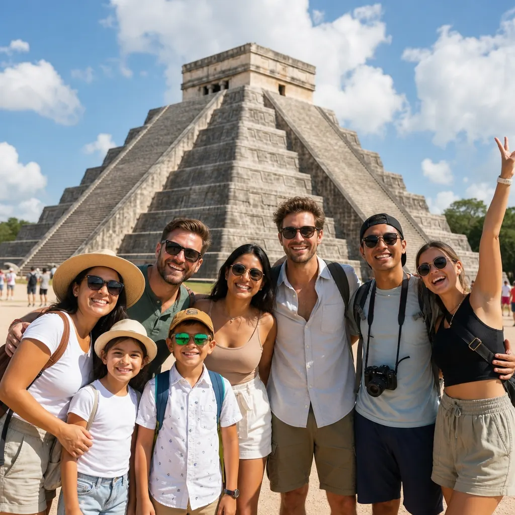 Happy multi-generational family and friends group posing in front of El Castillo pyramid on the Cancun day tour