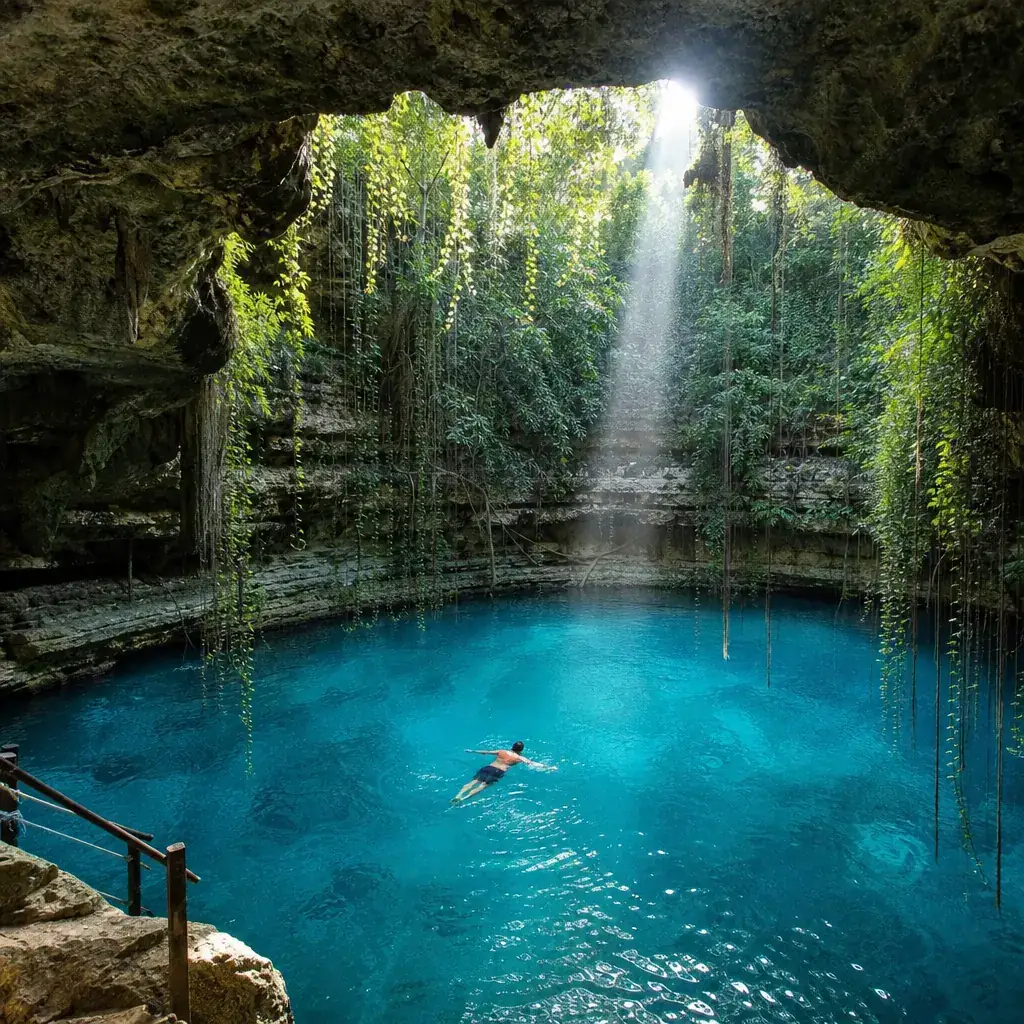 Blue cave cenote with a swimmer beneath hanging vines on the Cancun combo tour