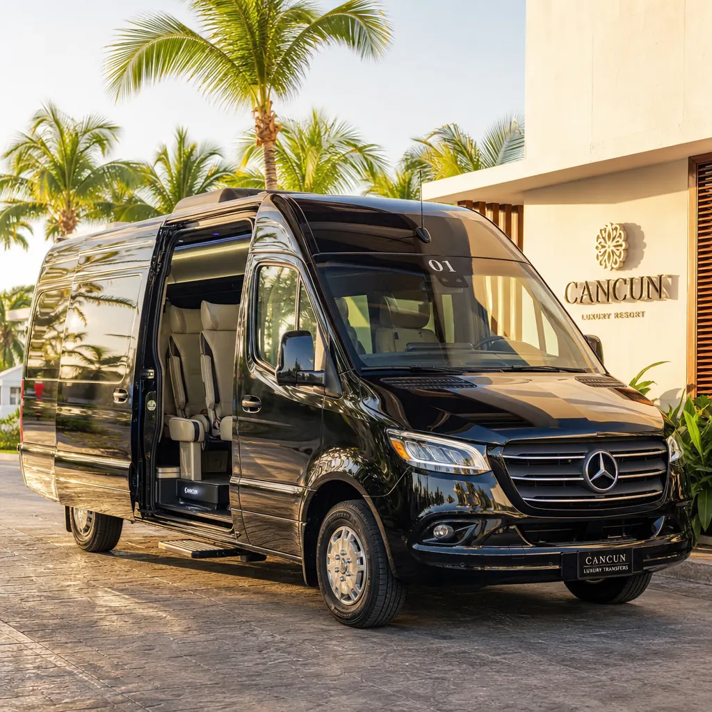 Luxury air-conditioned Mercedes tour van waiting at a Cancun resort for the Chichen Itza pickup