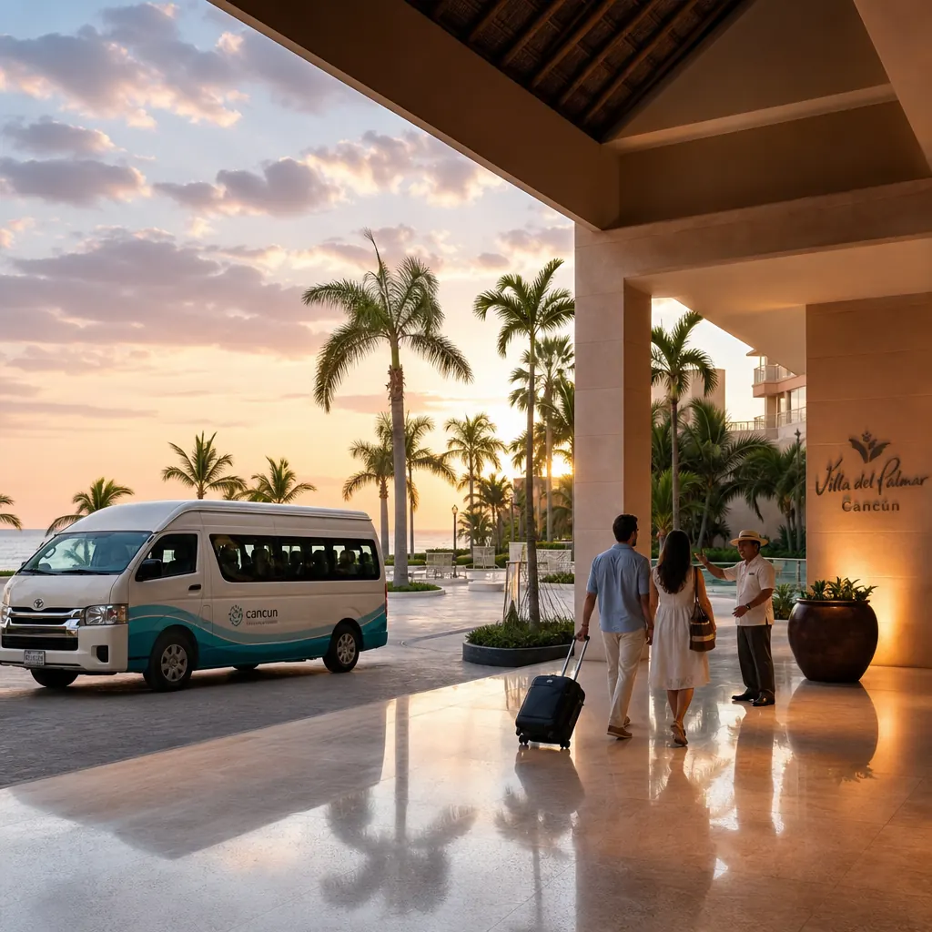Tour minivan and driver greeting guests at a Cancun Hotel Zone resort lobby at sunrise pickup