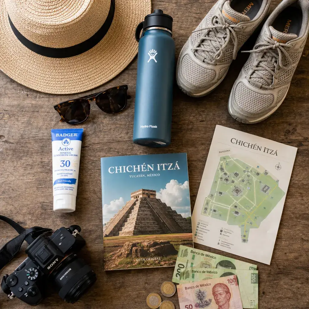 Flat lay of Chichen Itza travel essentials - hat, sunscreen, walking shoes, camera, water bottle and pesos on rustic wood