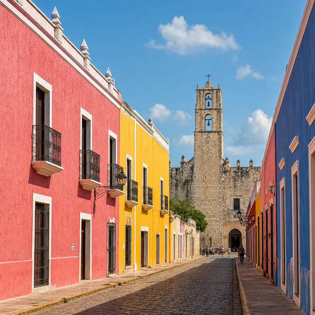 Colorful colonial street in Valladolid with a stone convent tower in the distance