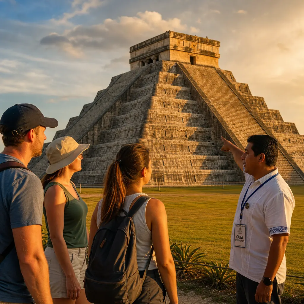 Certified Maya guide explaining El Castillo pyramid to a small tour group from Cancun at golden hour