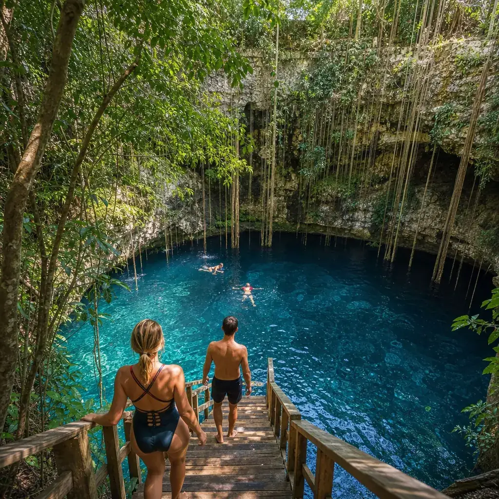Sacred cenote with turquoise water and hanging vines