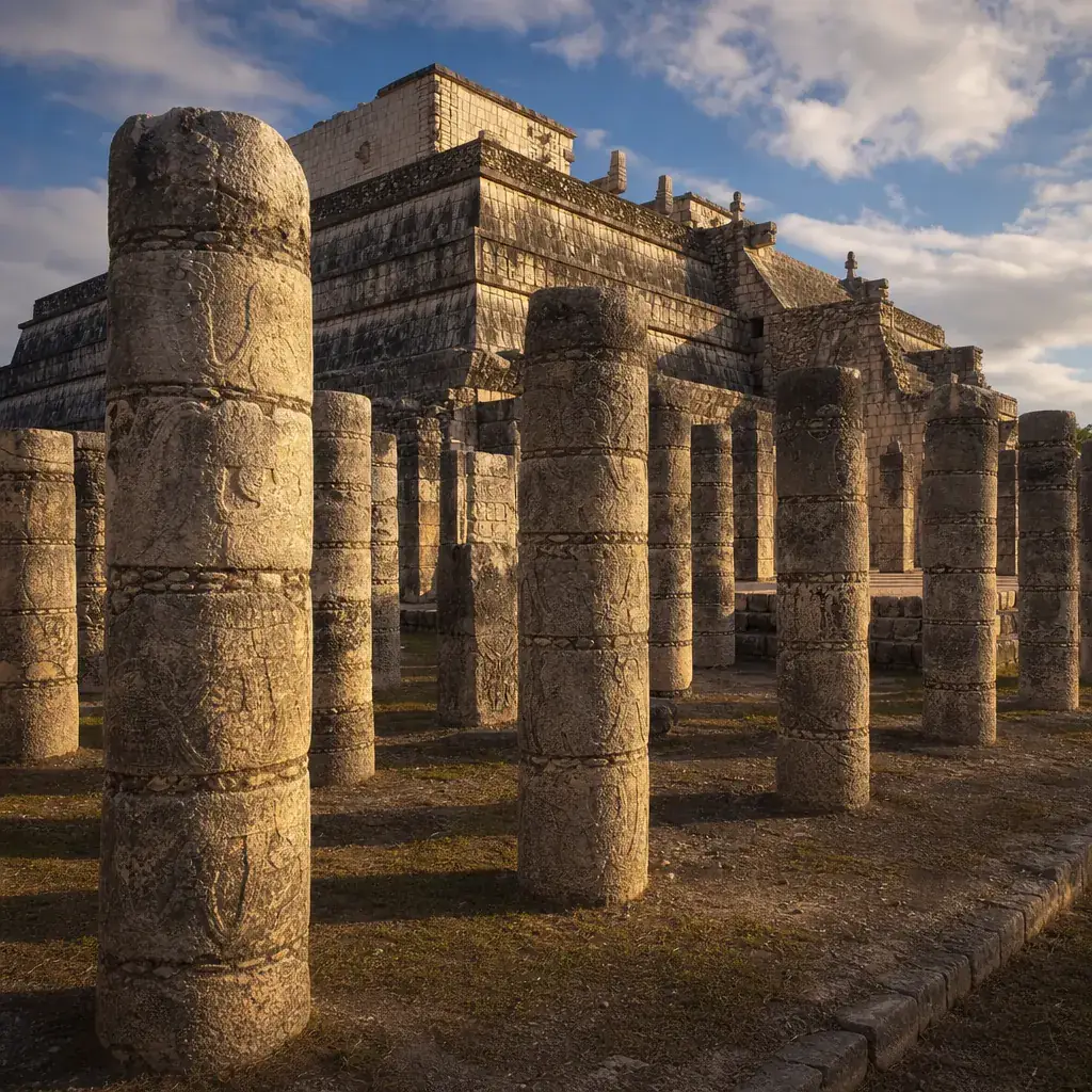 Temple of the Warriors columns at Chichen Itza in warm afternoon light