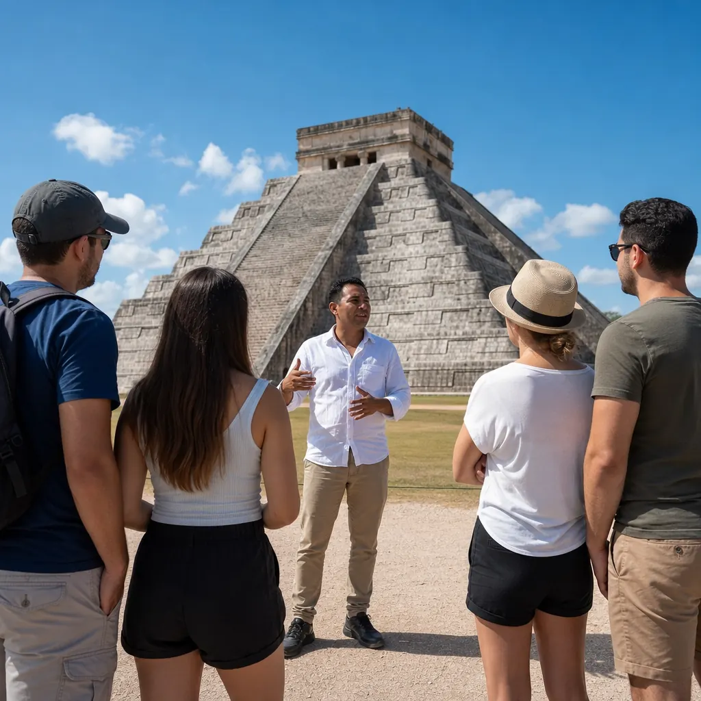 Small guided group listening to a certified INAH Maya guide in front of El Castillo at Chichen Itza