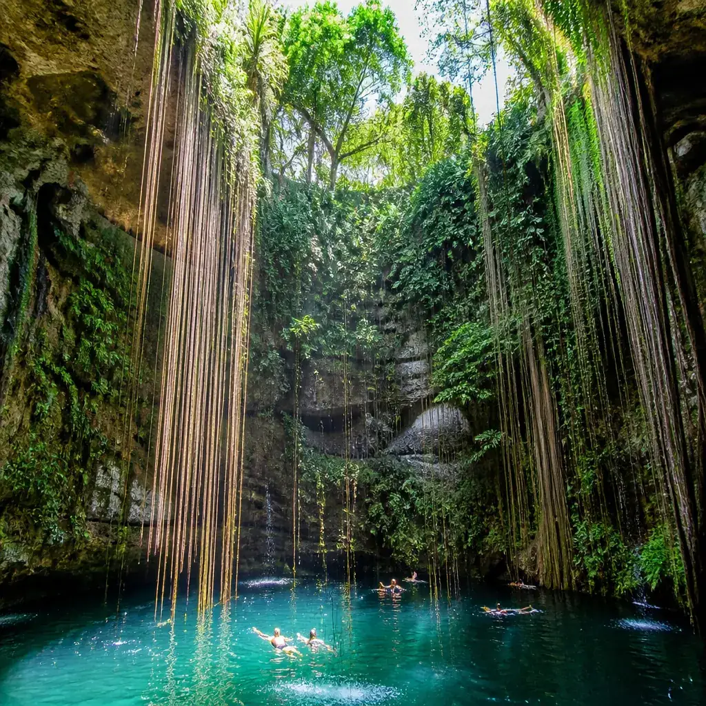 Cenote Ik-Kil with hanging vines cascading into turquoise water and swimmers floating below