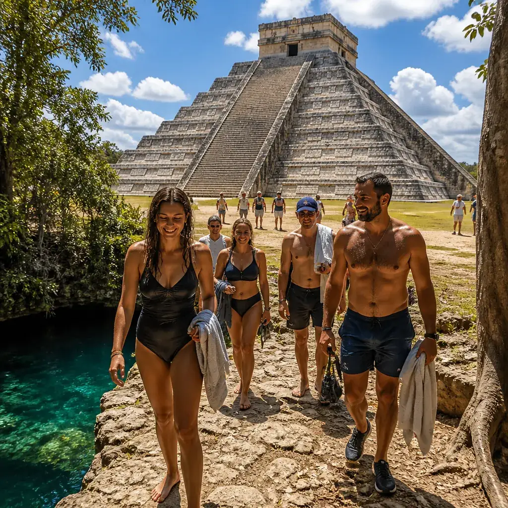 Happy tour group emerging from a cenote with El Castillo pyramid rising behind them