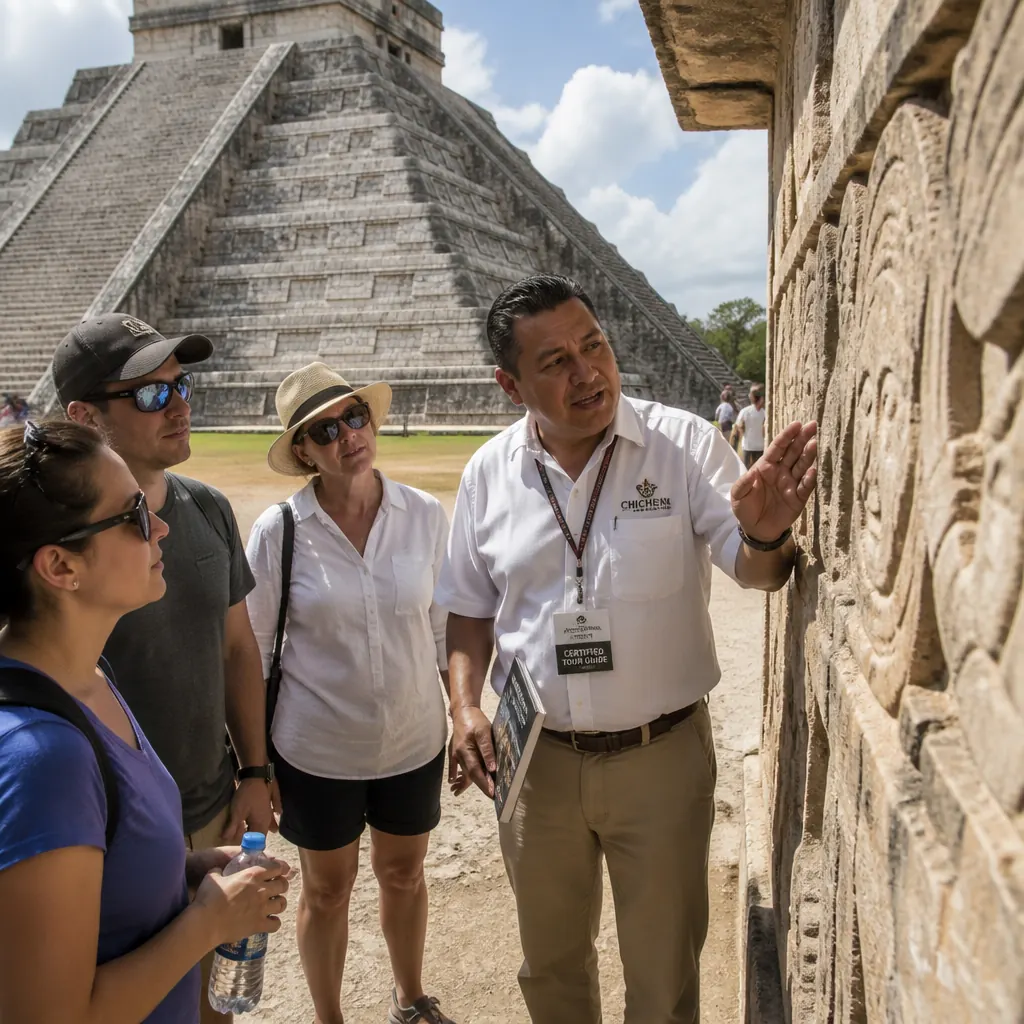 Certified INAH Maya guide explaining El Castillo carvings to a small tour group