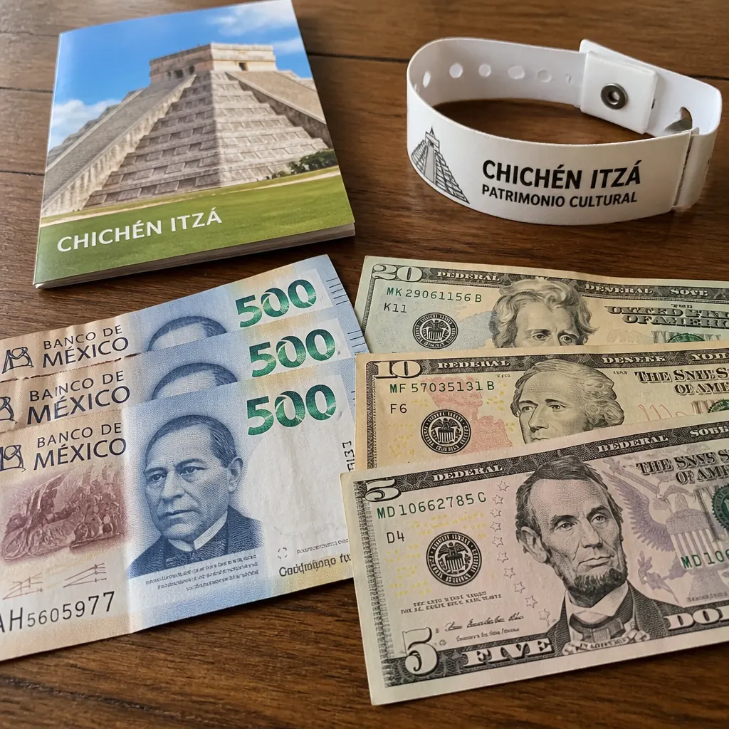INAH and CULTUR wristbands on top of Mexican pesos and US dollar bills