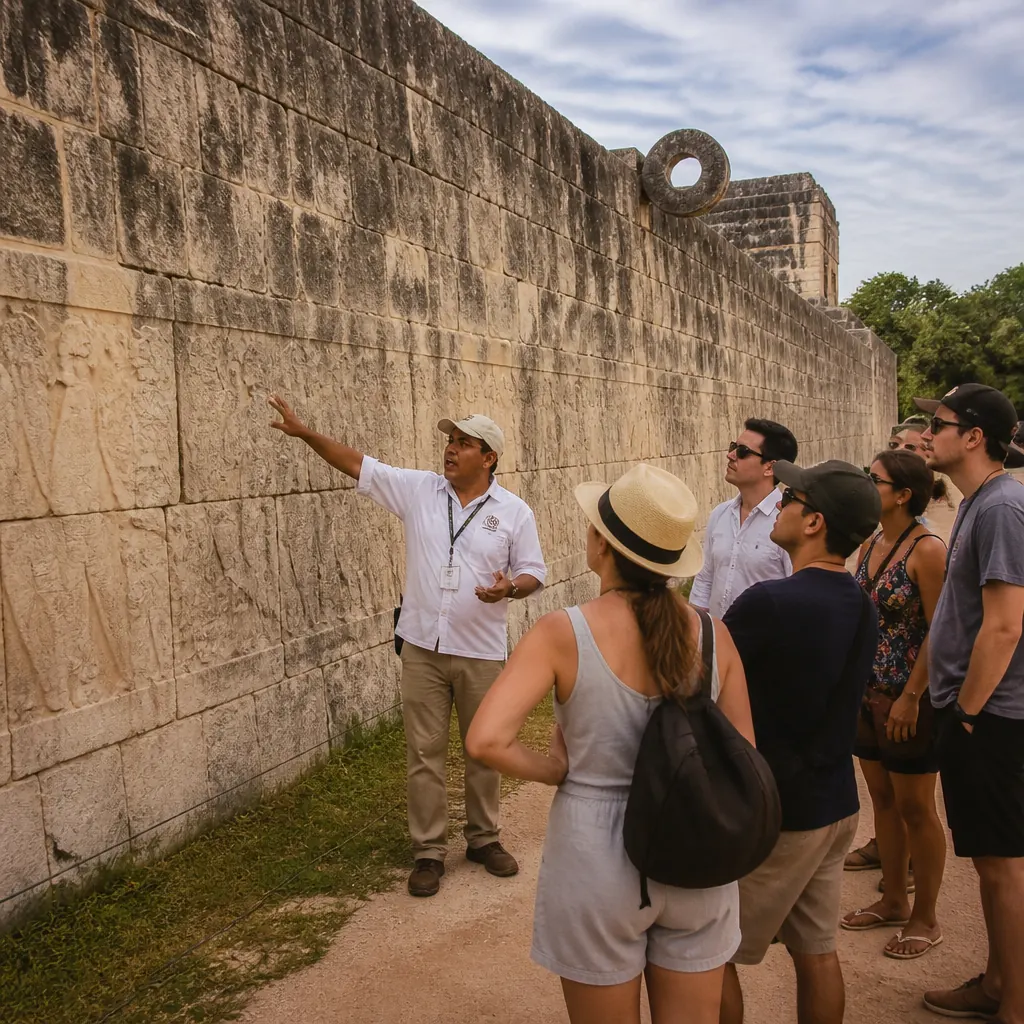 Certified guide pointing at ancient reliefs inside the Great Ball Court of Chichen Itza
