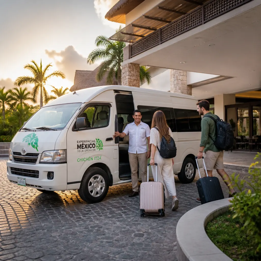 Tour van at a Cancun hotel entrance at dawn - pickup for the Chichen Itza guided tour
