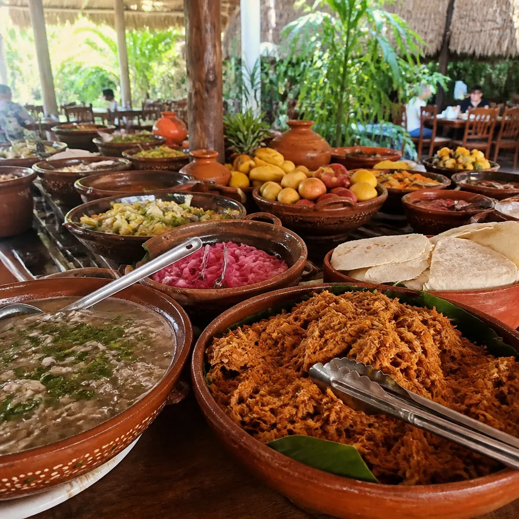 Traditional Yucatecan buffet spread - cochinita pibil, sopa de lima and tropical fruits