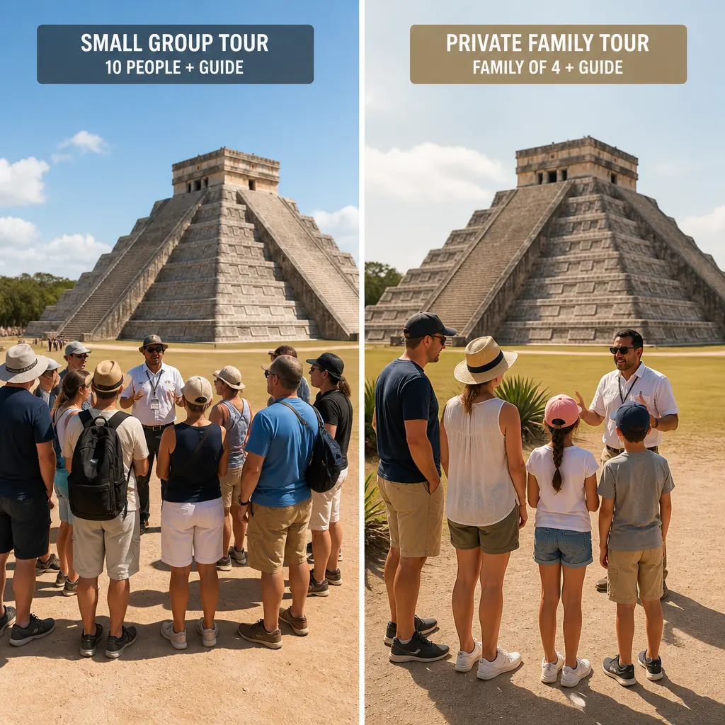 Comparison of a small group tour and a private family tour at Chichen Itza