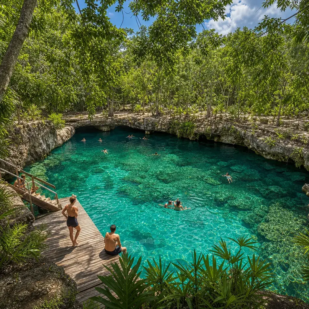 Nado en cenote sagrado cerca de Chichén Itzá en la Riviera Maya