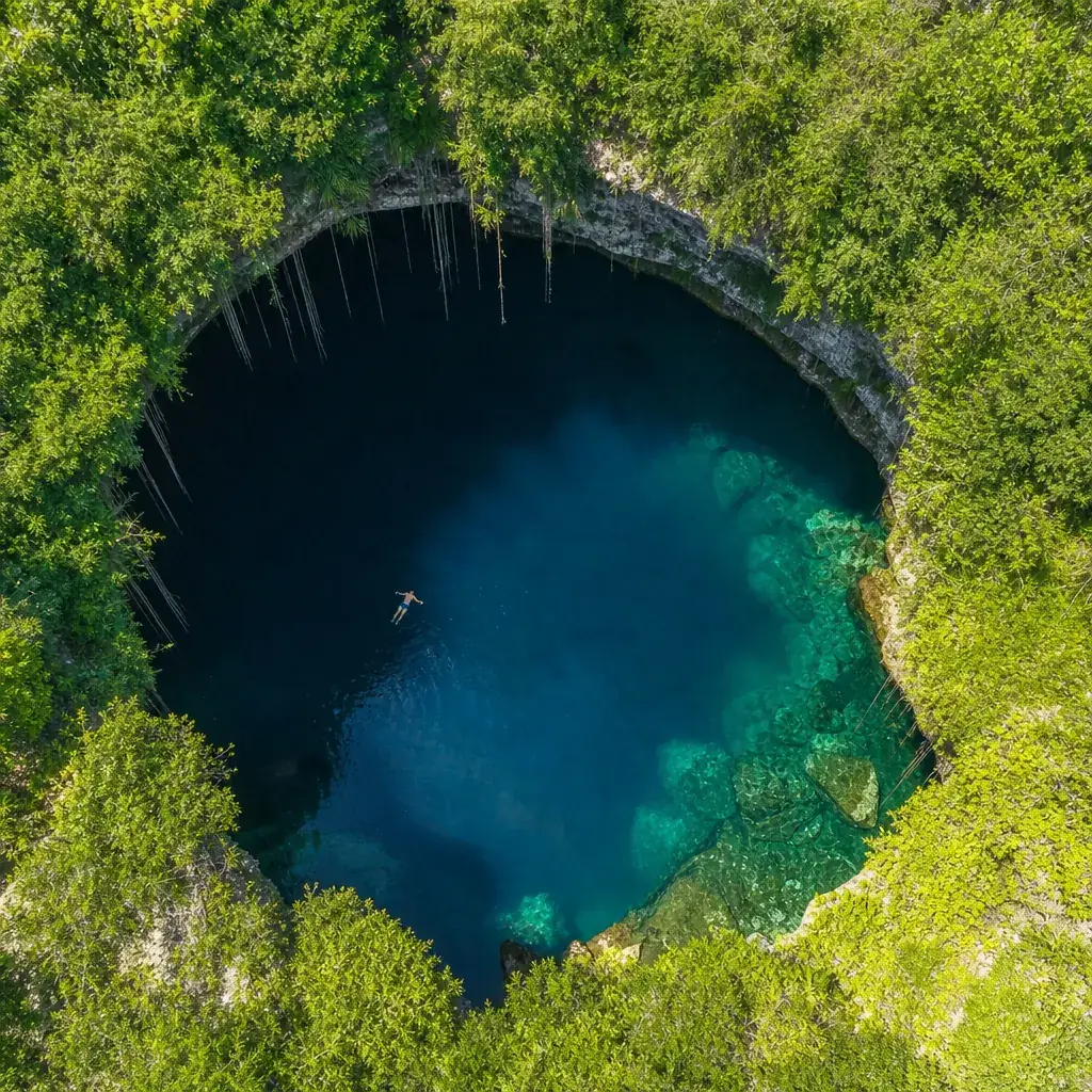 Aerial view into a circular jungle cenote with a swimmer near Chichen Itza