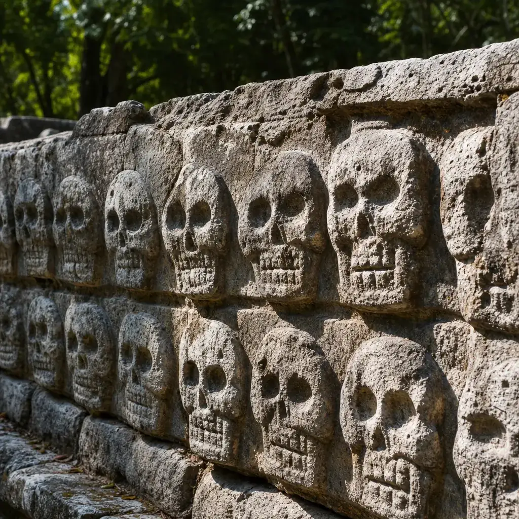 Skull carvings on the Tzompantli platform at Chichen Itza on the Merida tour page