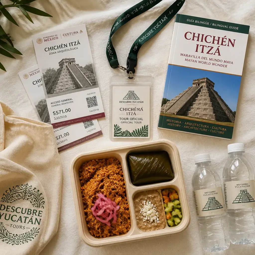 Overhead flat lay of a Chichen Itza tour from Merida - entry tickets, tour lanyard, bilingual guidebook and Yucatecan packed lunch