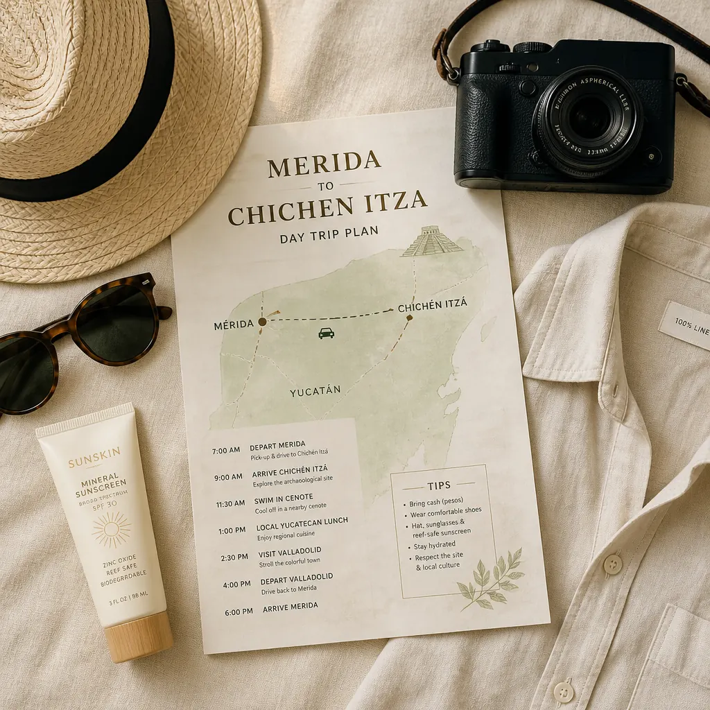 Merida to Chichen Itza day trip plan on cream linen - Yucatan map, straw hat, sunglasses and reef-safe sunscreen