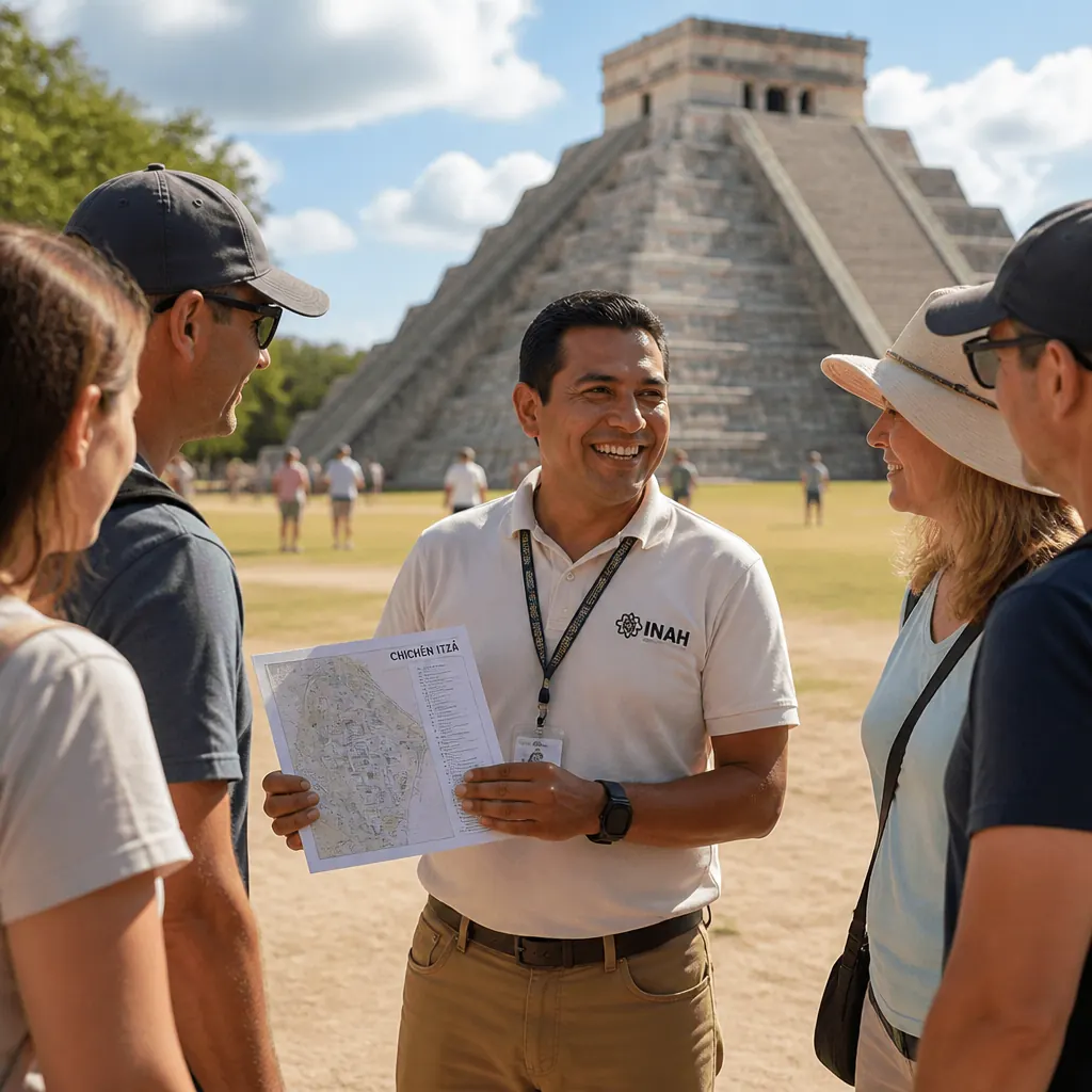 Certified INAH Maya guide explaining Chichen Itza to a small group with El Castillo pyramid in the background