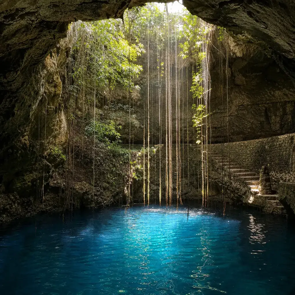 Cenote Zaci in Valladolid with vines and stone steps descending to blue water