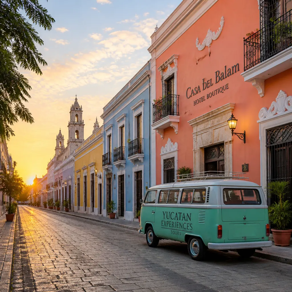 Colonial pastel street in Merida at dawn with a small tour van in front of a historic boutique hotel