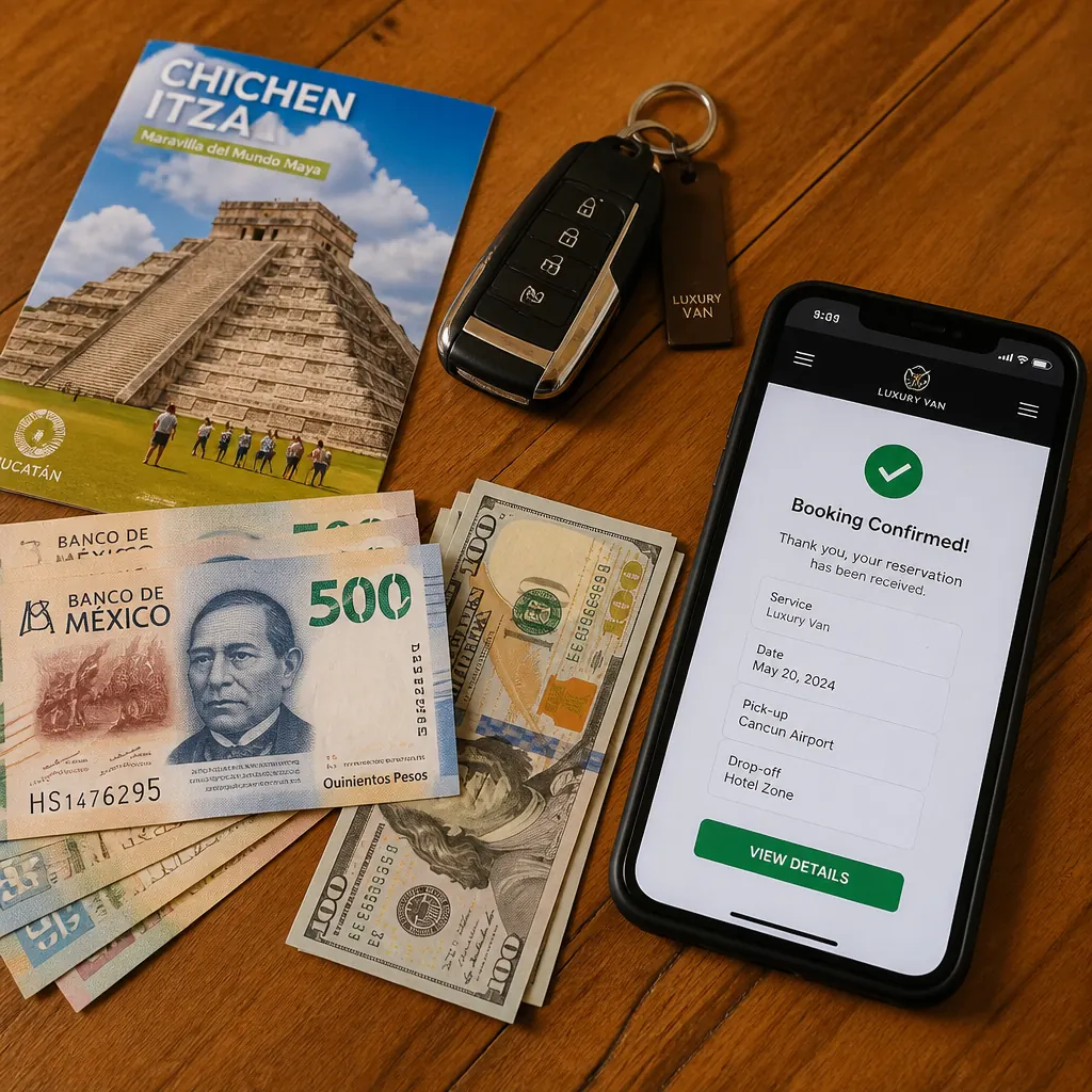 Luxury van key, Mexican pesos, US dollars and a booking-confirmation phone screen