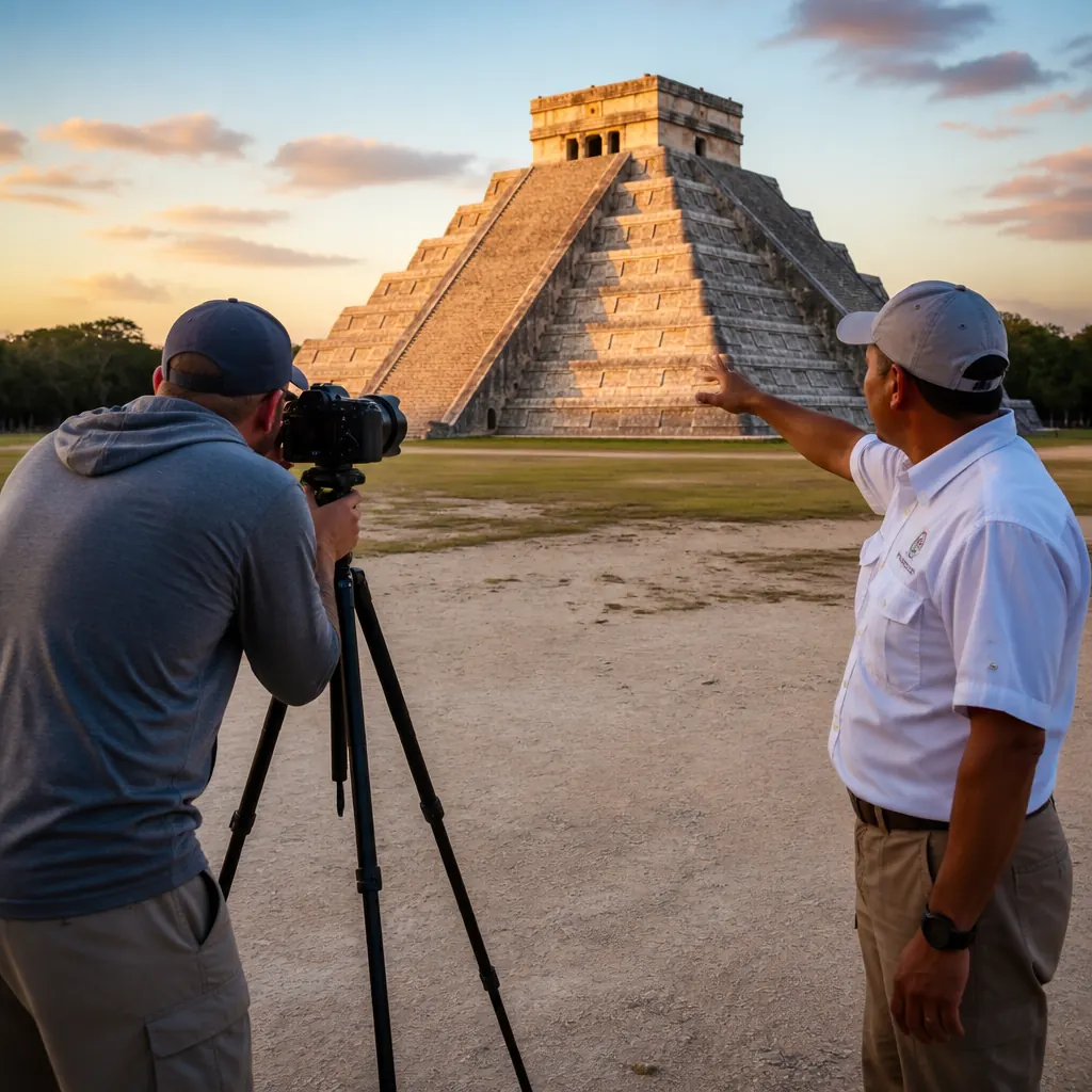 Photographer capturing El Castillo at sunrise while a private guide points at the composition