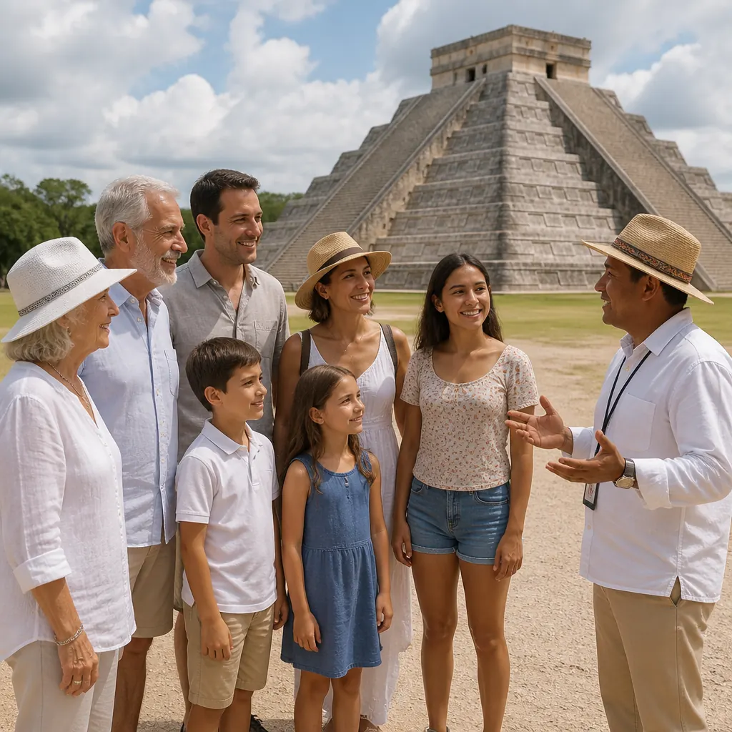 Multi-generational family smiling with a Maya private guide in front of El Castillo