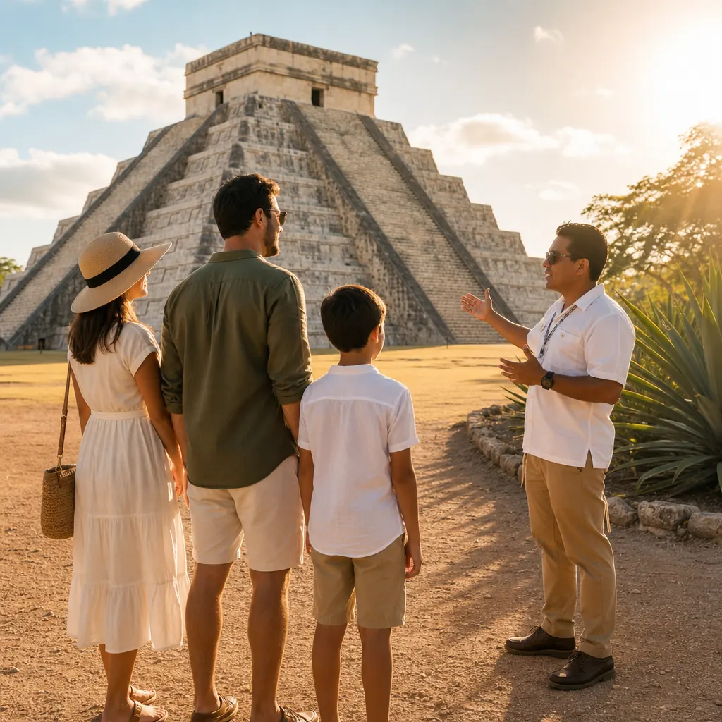 Family on a private Chichen Itza tour with their guide in front of El Castillo at golden hour