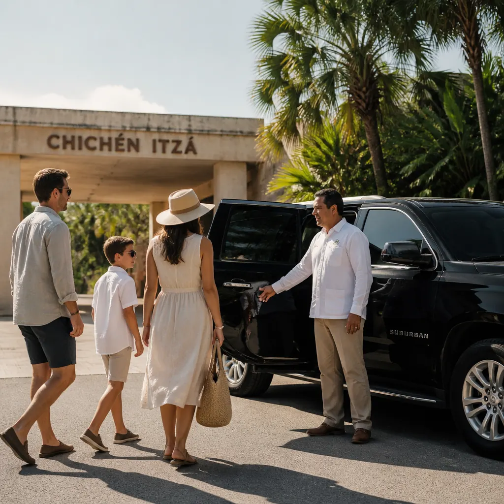 Luxury private SUV and driver welcoming a family at the Chichen Itza entrance