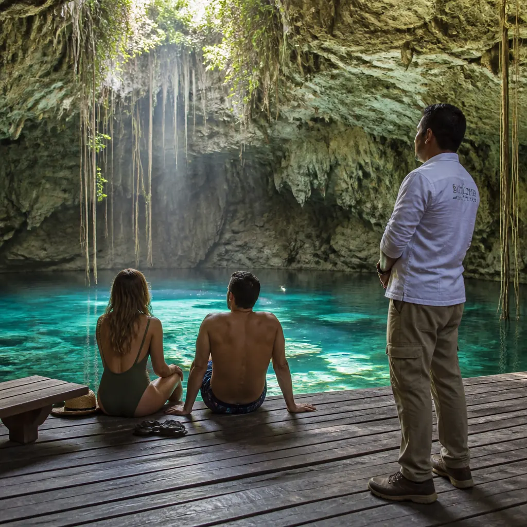Private tour couple relaxing at a cenote near Chichen Itza with their guide nearby