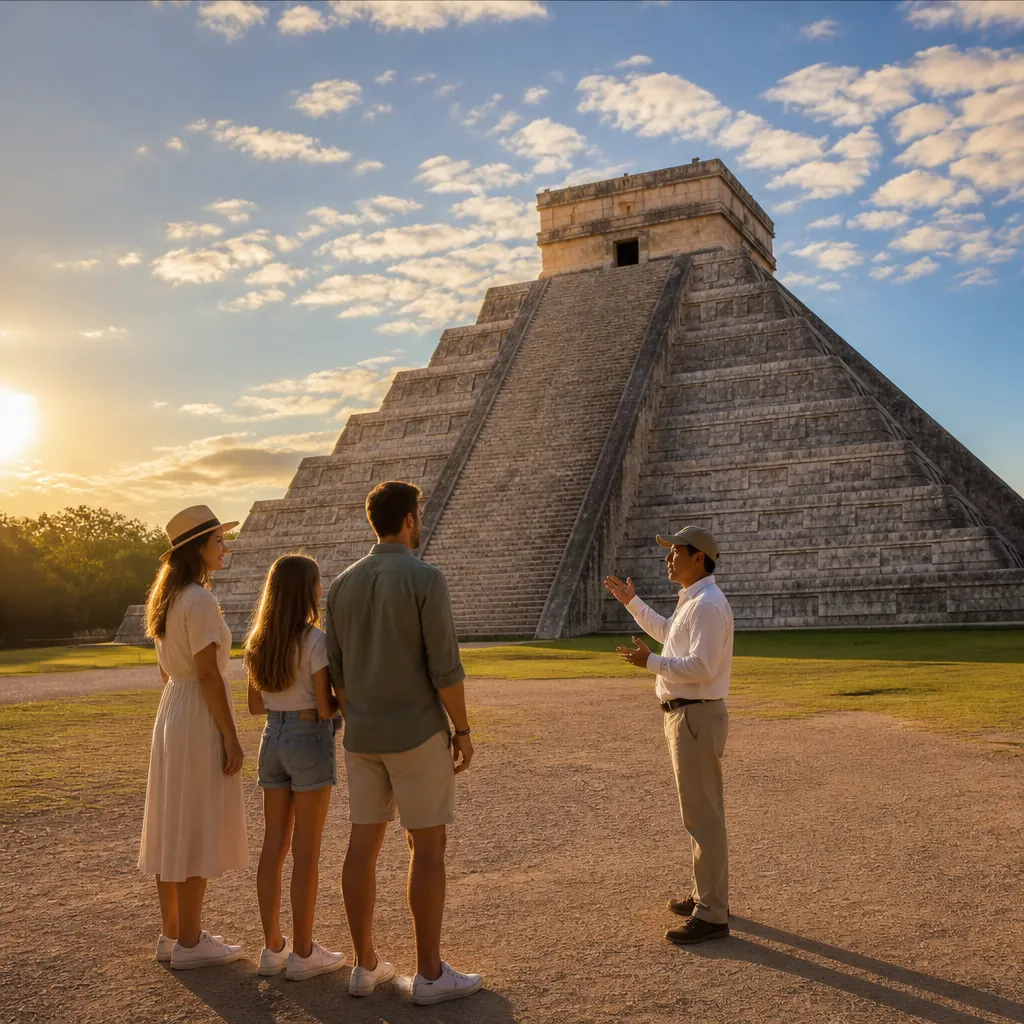 Private family alone with their guide in front of El Castillo pyramid at golden hour
