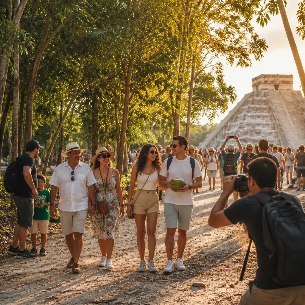 Diverse group of travelers walking near El Castillo pyramid at golden hour on a Riviera Maya day trip