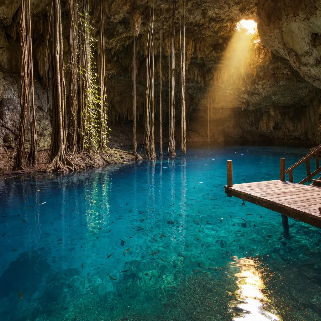 Cave cenote with crystal-blue water, sunbeam and wooden dock near Chichen Itza