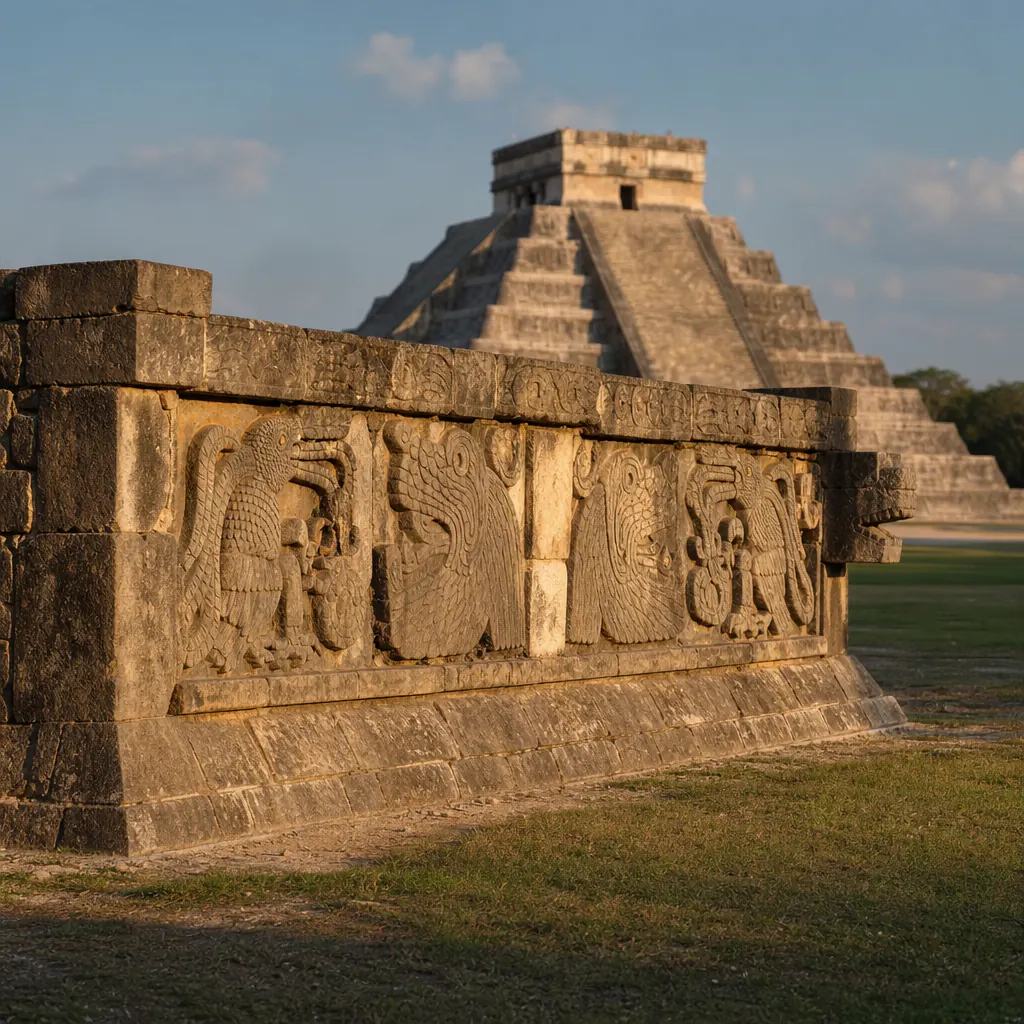 Platform of the Eagles and Jaguars at Chichen Itza with El Castillo blurred behind it