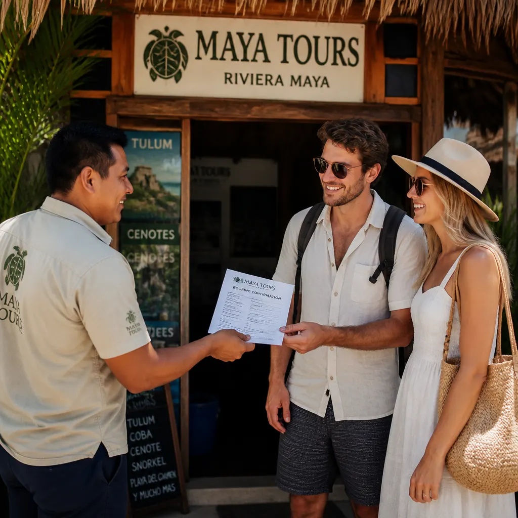 Local Maya tour operator handing a booking confirmation to smiling travelers at a Riviera Maya tour office