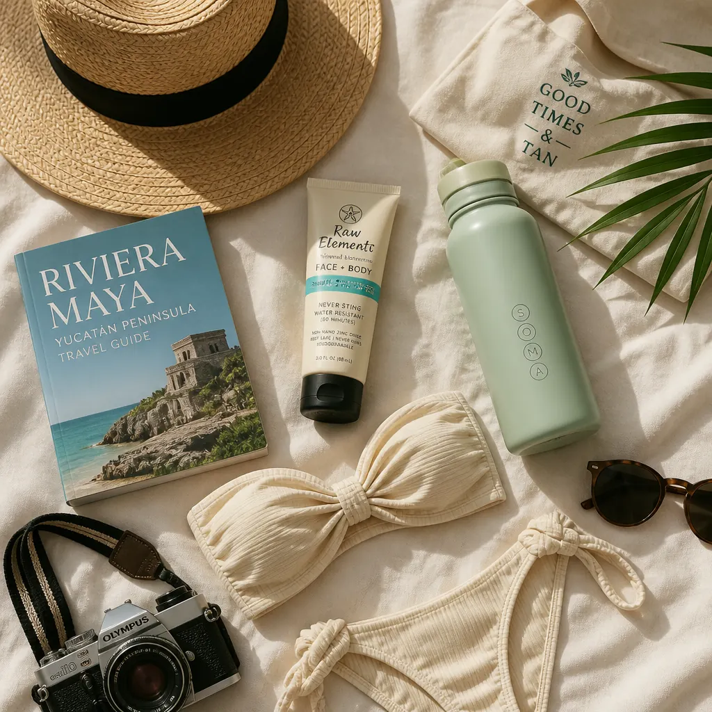 Flat lay of Riviera Maya day trip essentials - straw hat, reef-safe sunscreen, swimwear and camera on cream linen