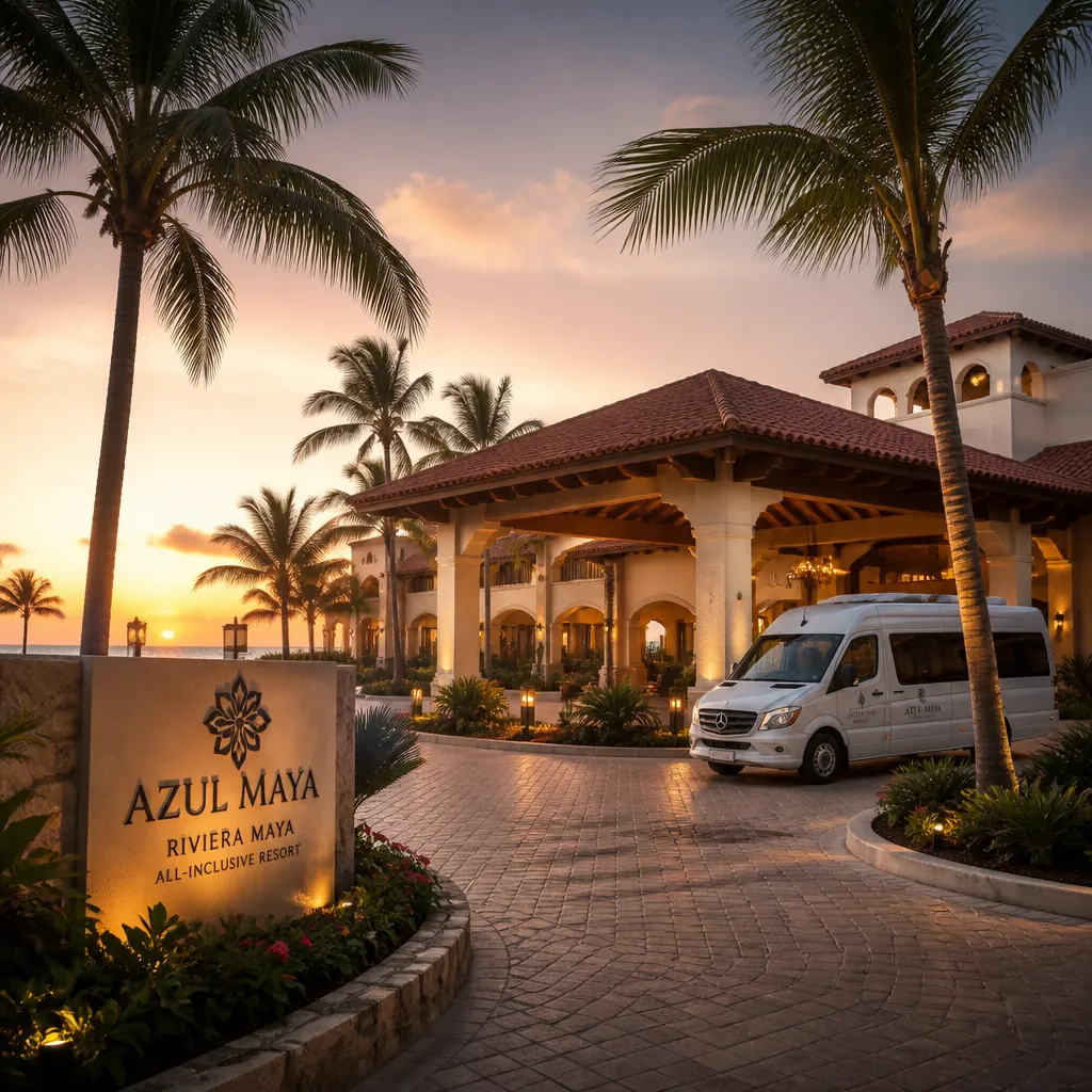 All-inclusive Riviera Maya resort lobby at sunrise with a private tour van at the entrance
