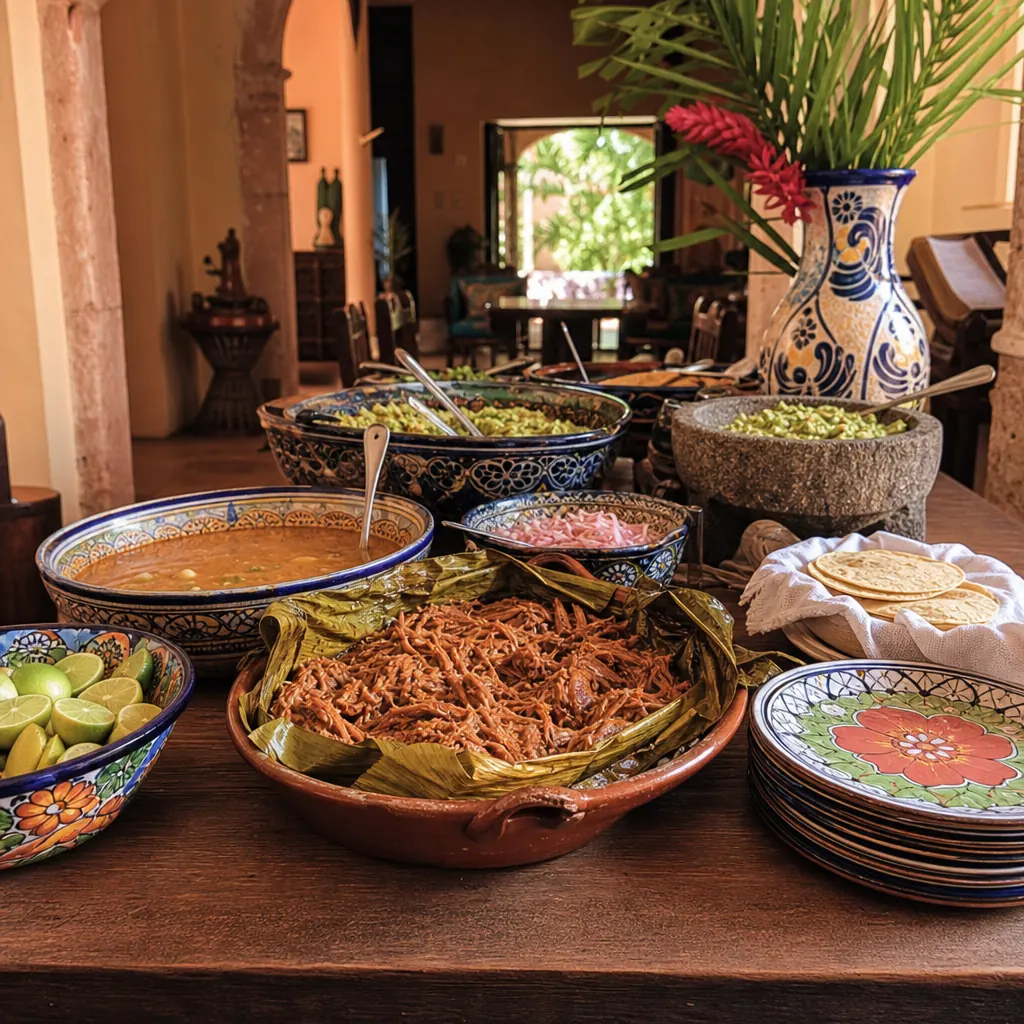Yucatecan buffet lunch spread with cochinita pibil and handmade tortillas in Valladolid
