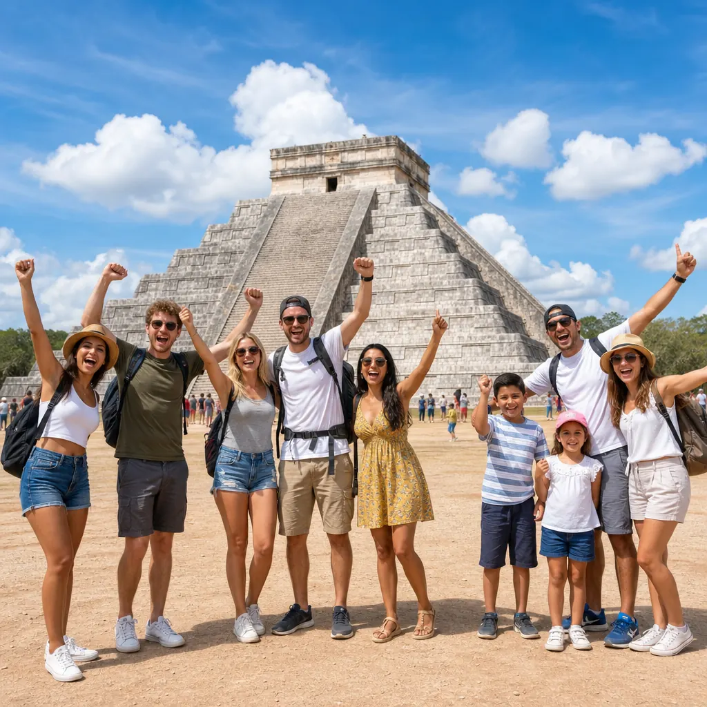 Diverse group of couples, backpackers and a family cheering in front of El Castillo pyramid on the Tulum day tour