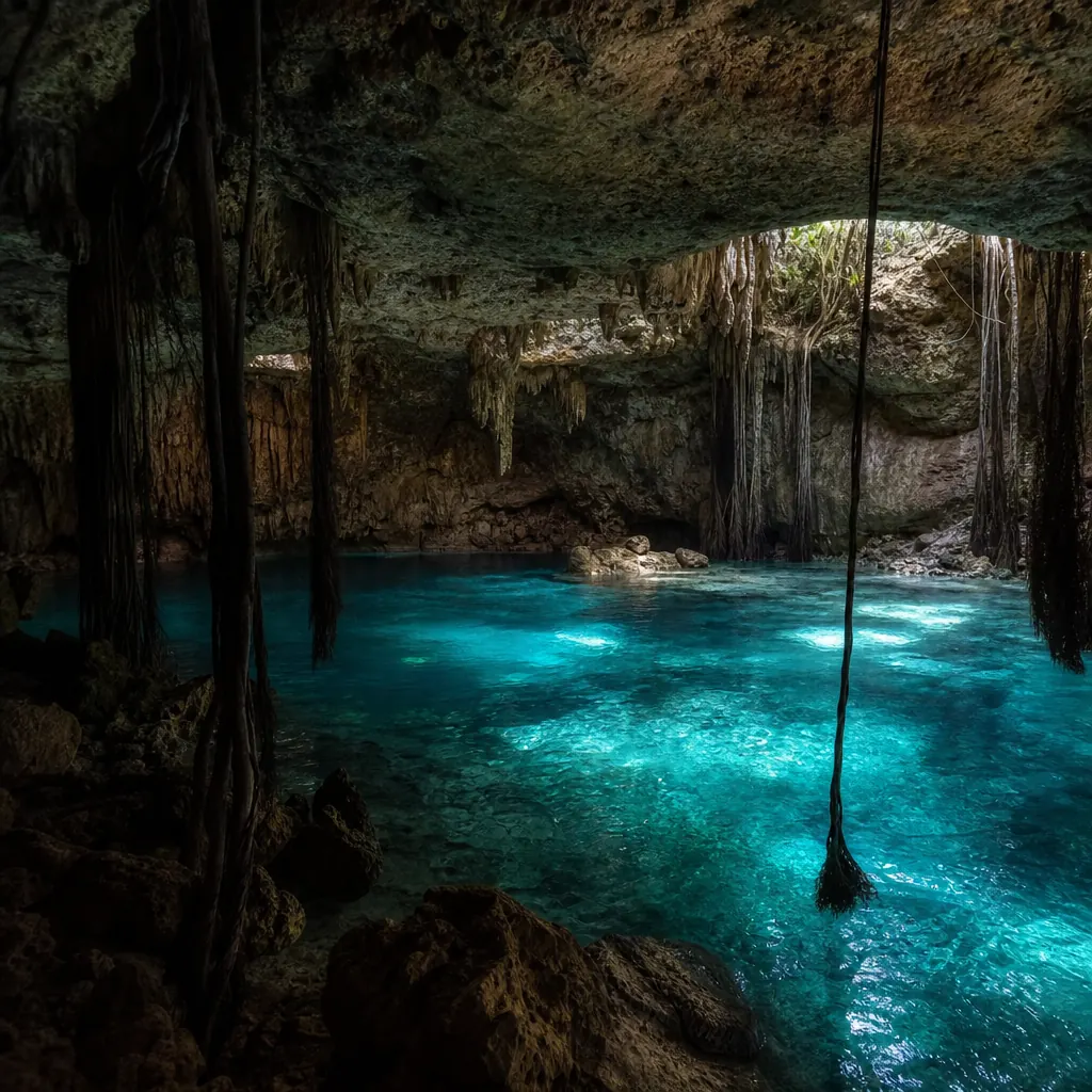 Glowing semi-cave cenote with turquoise water and hanging roots near Chichen Itza