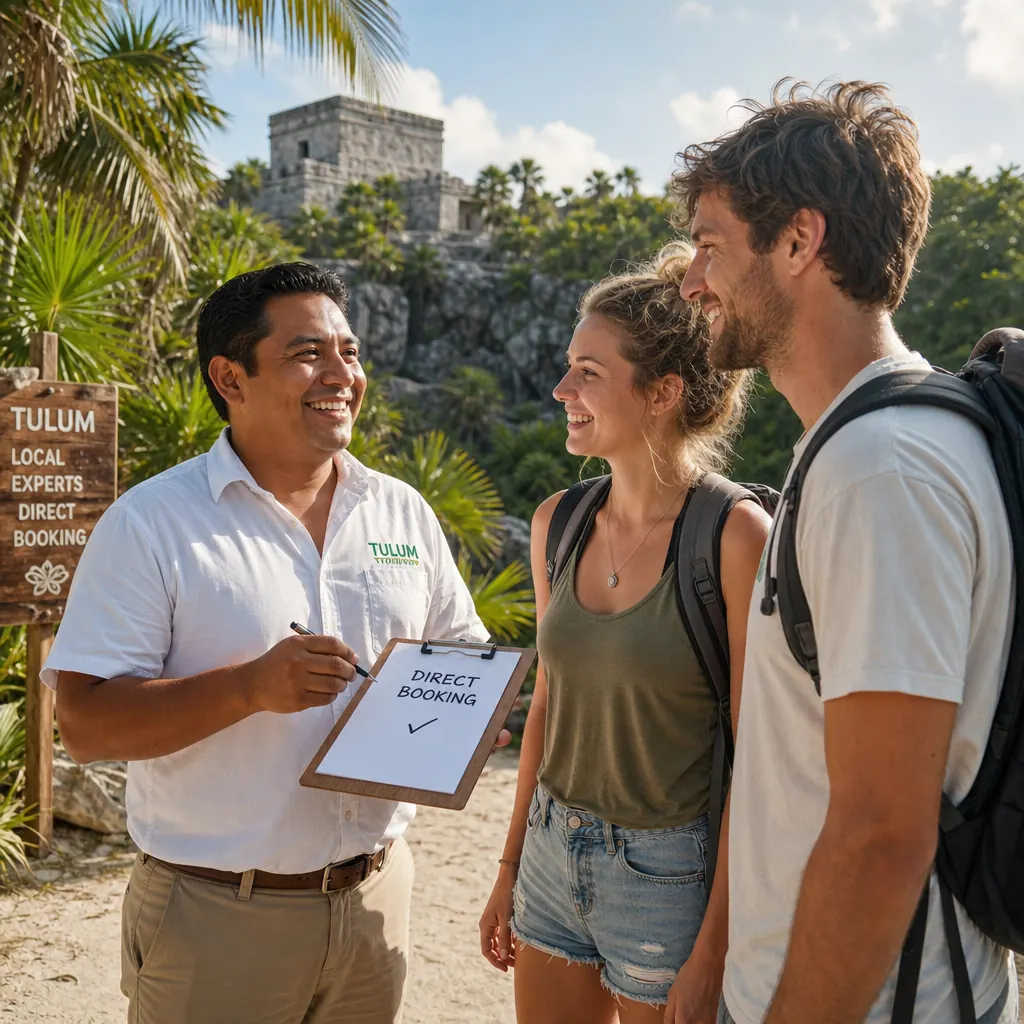 Local Tulum tour operator confirming a direct booking with a smiling backpacker couple beside a jungle temple