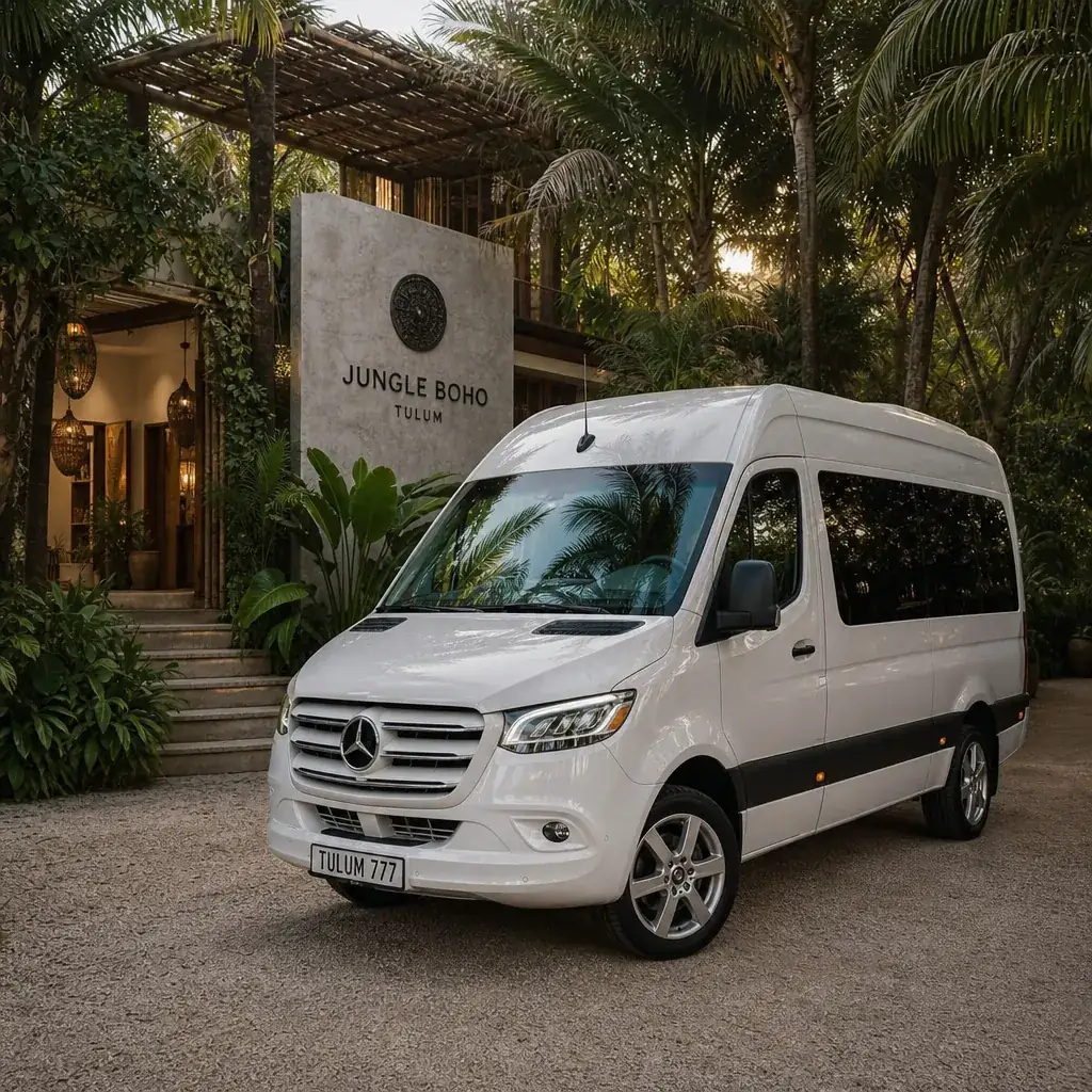 White Mercedes Sprinter tour van parked at a boho jungle hotel in Tulum ready for the Chichen Itza pickup