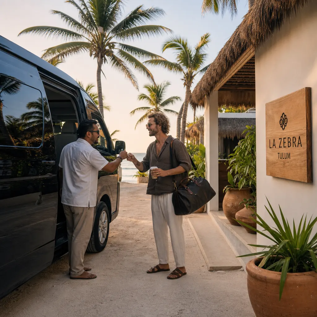Tour driver greeting a traveler with a duffel bag at a Tulum beachfront boutique hotel at sunrise