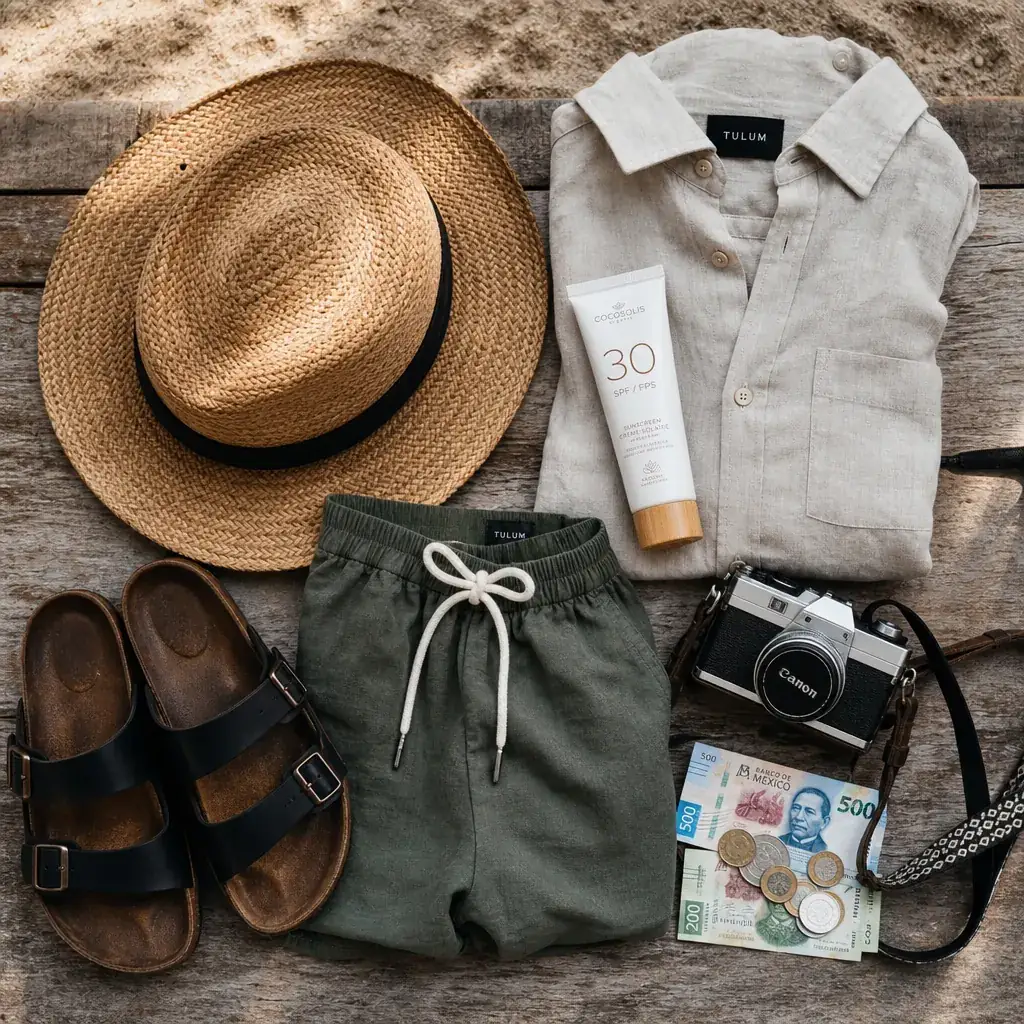 Flat lay of Tulum-style Chichen Itza essentials - straw hat, linen shirt, sunscreen, sandals, camera and pesos on weathered wood