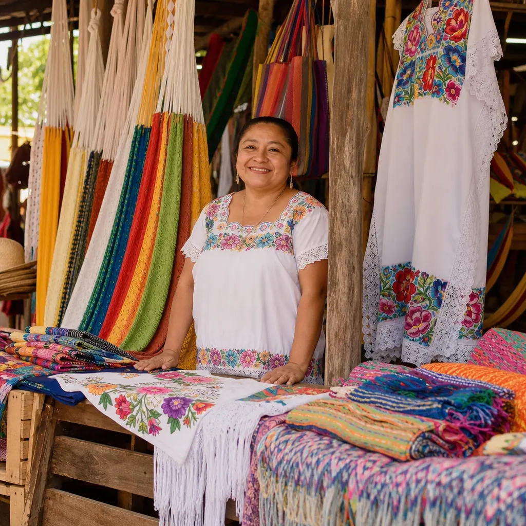 Mayan textile vendor and colorful hammocks at a Valladolid market stop