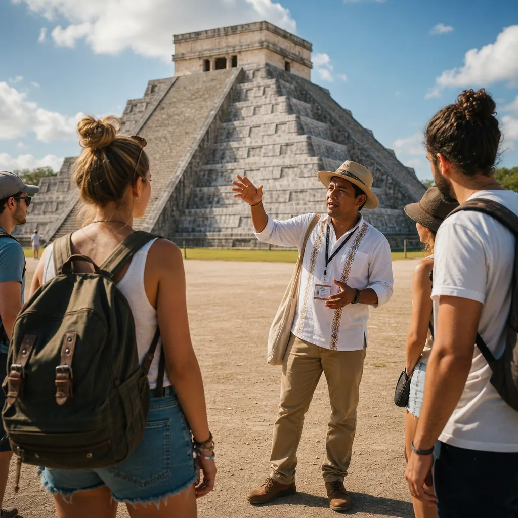 Certified bilingual Maya guide storytelling to a small group of Tulum travelers in front of El Castillo pyramid